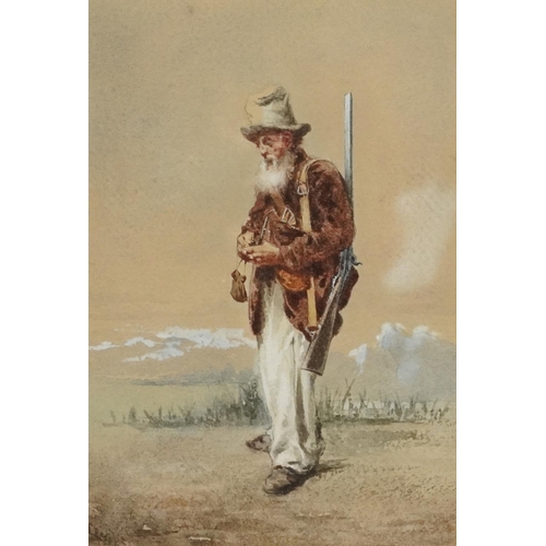 3481 - Full length portrait of a man, 19th century Canadian school watercolour on paper, indistinctly signe... 