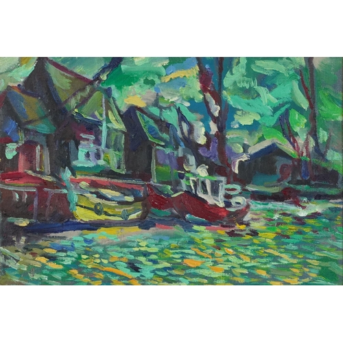 3484 - Boats in a harbour, 20th century Impressionist school oil on canvas within a gilt frame, 46cm x 29cm