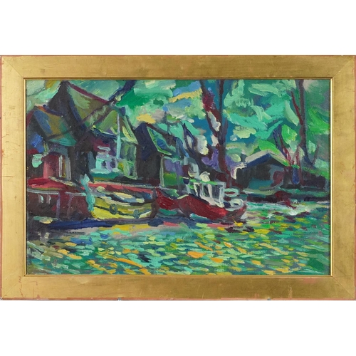 3484 - Boats in a harbour, 20th century Impressionist school oil on canvas within a gilt frame, 46cm x 29cm