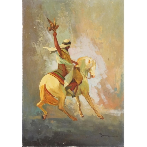 3426 - Arab Falconer on horseback, 20th century Middle Eastern school oil on canvas, indistinctly signed, u... 