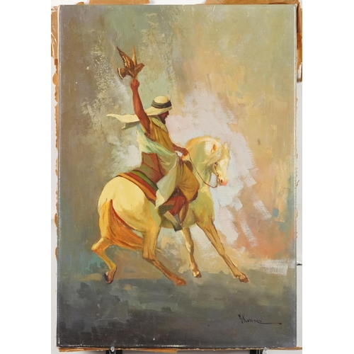 3426 - Arab Falconer on horseback, 20th century Middle Eastern school oil on canvas, indistinctly signed, u... 