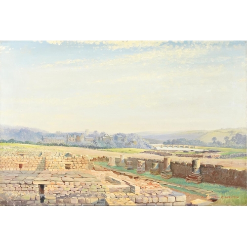 3597 - Alan B Charlton - Ruins before a town, 20th century British school oil on canvas, unframed, signed l... 