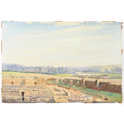 3597 - Alan B Charlton - Ruins before a town, 20th century British school oil on canvas, unframed, signed l... 