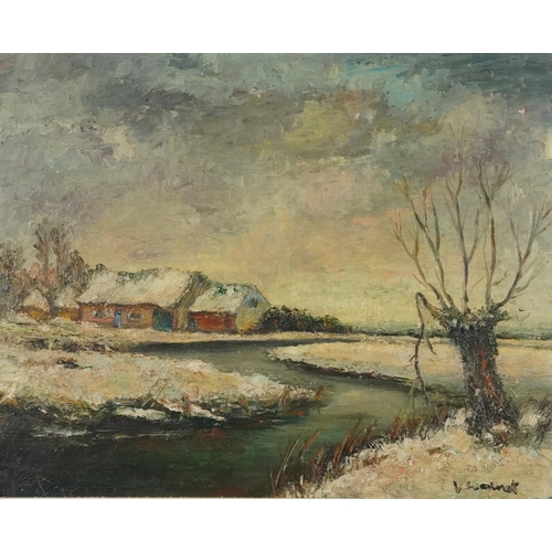 3411 - Winter landscape, 20th century Russian school oil on canvas, indistinctly signed lower right corner,... 