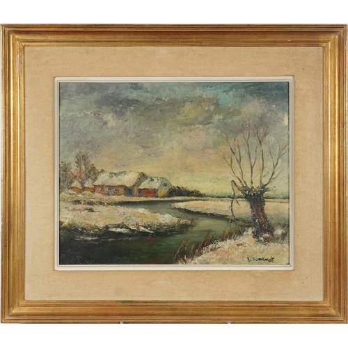 3411 - Winter landscape, 20th century Russian school oil on canvas, indistinctly signed lower right corner,... 