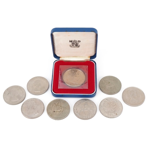 2168 - Three Elizabeth II commemorative five pound coins and six commemorative crowns