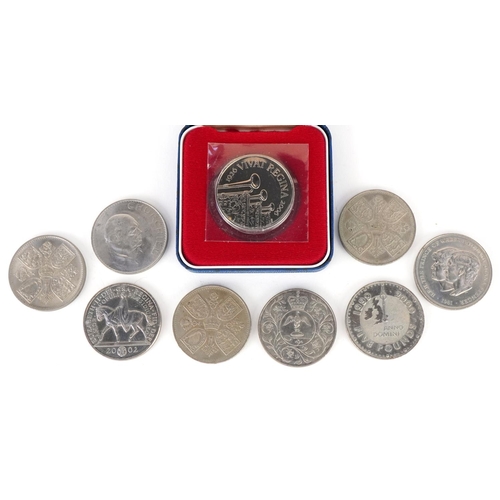 2168 - Three Elizabeth II commemorative five pound coins and six commemorative crowns