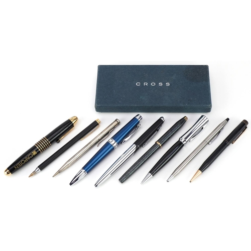 1156 - Fountain pens and ballpoint pens, predominantly Cross, and a white metal Yard-O-Led propelling penci... 