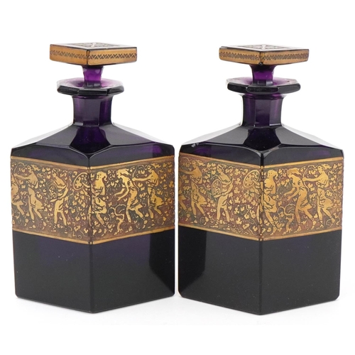 15 - Pair of early 20th century Moser amethyst glass perfume bottles with gilded gold frieze, Karlovy Var... 