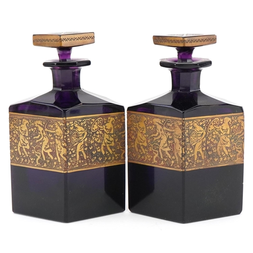 15 - Pair of early 20th century Moser amethyst glass perfume bottles with gilded gold frieze, Karlovy Var... 