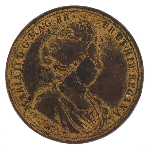 2534 - 17th century Queen Mary death memorial gilt bronze medallion, 5cm in diameter