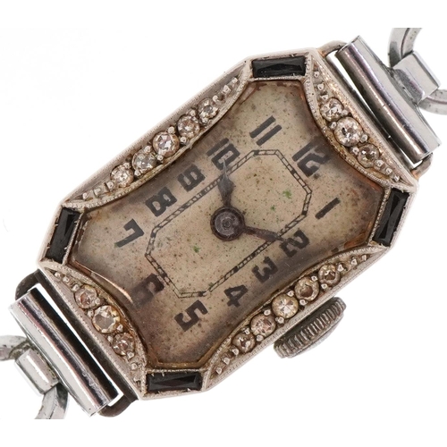 3304 - French Art Deco platinum and diamond ladies dress watch, the canted rectangular case inset with rect... 