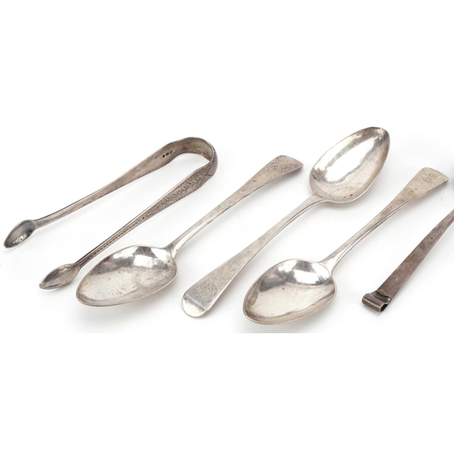 487 - Small group of silver items including a set of three Georgian tablespoons, Victorian napkin spoon, V... 