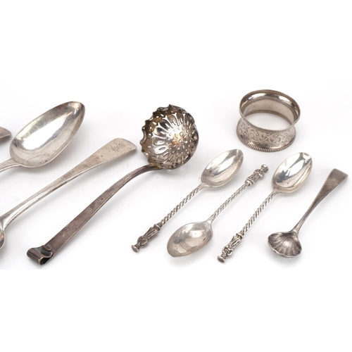 487 - Small group of silver items including a set of three Georgian tablespoons, Victorian napkin spoon, V... 