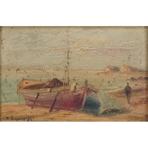 3607 - Coastal Scene, 19th century British School, oil on board, indistinctly signed lower left corner, wit... 