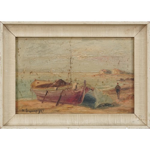 3607 - Coastal Scene, 19th century British School, oil on board, indistinctly signed lower left corner, wit... 