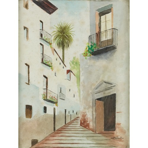 3524 - Street scene, 20th century Spanish School, watercolour on paper, indistinctly signed lower right cor... 