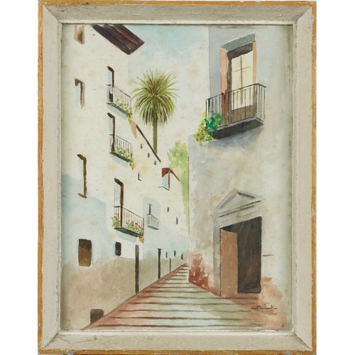 3524 - Street scene, 20th century Spanish School, watercolour on paper, indistinctly signed lower right cor... 