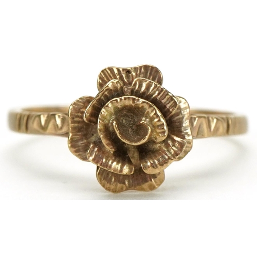 3285 - 9ct gold rose head design ring, size T/U, 3.2g