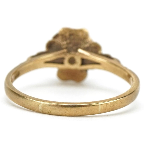 3285 - 9ct gold rose head design ring, size T/U, 3.2g