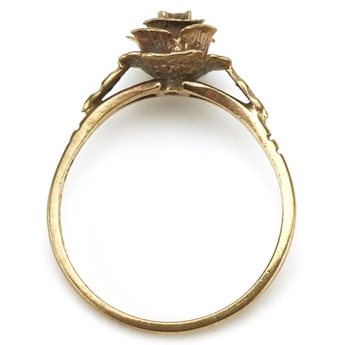 3285 - 9ct gold rose head design ring, size T/U, 3.2g