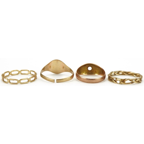 3306 - Four 9ct gold rings, two broken and two pierced wedding bands, various sizes, total 5.5g