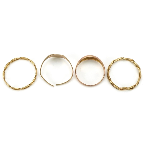 3306 - Four 9ct gold rings, two broken and two pierced wedding bands, various sizes, total 5.5g