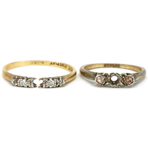 3323 - Broken 18ct gold diamond ring, 2.1g and a broken 9ct gold diamond ring 1.7g