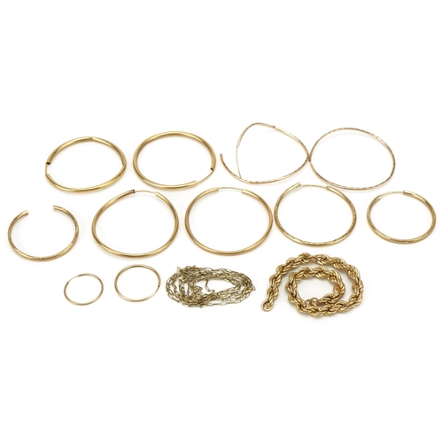 3247 - 9ct gold jewellery comprising hoop earrings, necklace and bracelet, total weight 6.4g