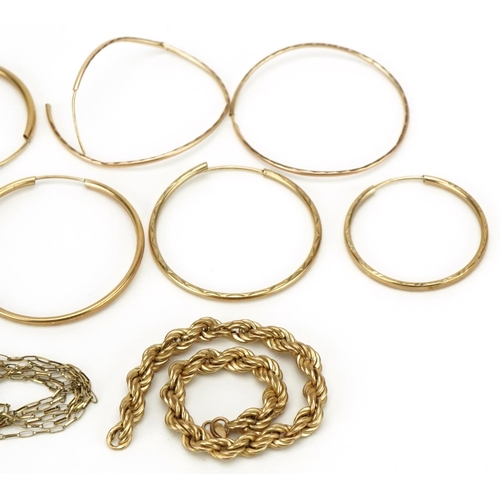 3247 - 9ct gold jewellery comprising hoop earrings, necklace and bracelet, total weight 6.4g