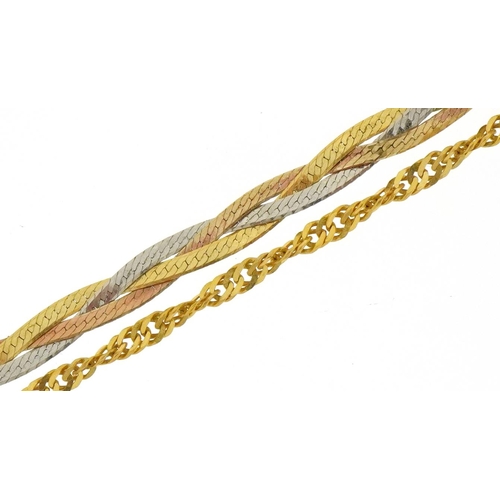 3220 - Two 9ct gold bracelets including a three tone example, each 17cm in length, total 2.1g