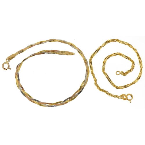 3220 - Two 9ct gold bracelets including a three tone example, each 17cm in length, total 2.1g