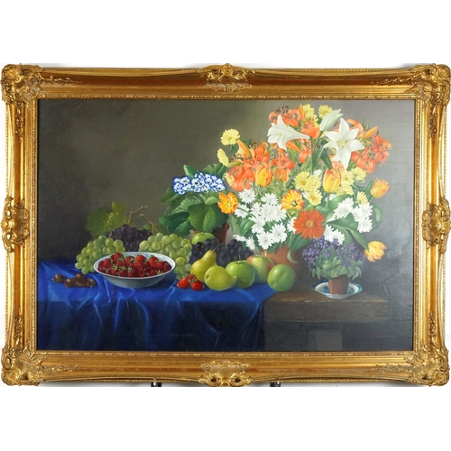 3450 - Burrows - Still life, 20th century British school oil on canvas dated 1986 with a gilt moulded frame... 