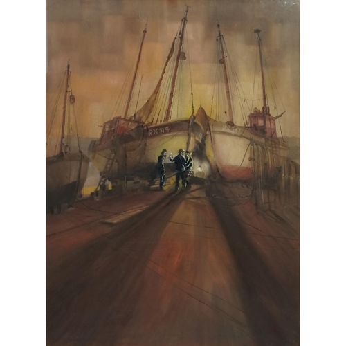 3454 - CRS - Boatyard, early 20th century British school oil on canvas within a gilt moulded frame, indisti... 