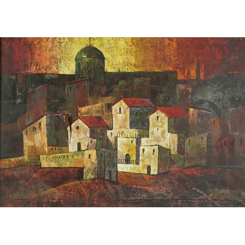 3449 - A. Lughs - Continental townscape, 20th century abstract oil on canvas within a painted and gilded fr... 