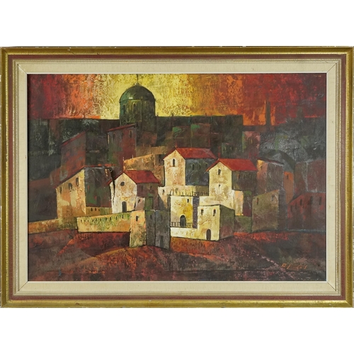 3449 - A. Lughs - Continental townscape, 20th century abstract oil on canvas within a painted and gilded fr... 