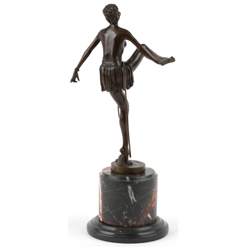 270 - Patinated bronze study of an Art Deco female dancer raised on marble column base, 48cm high