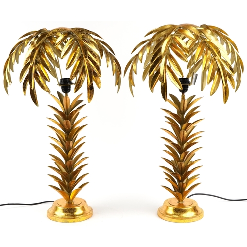 347 - Pair of Hollywood Regency style gilt painted metal table lamps in the form of palm trees, each 73cm ... 