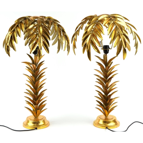 347 - Pair of Hollywood Regency style gilt painted metal table lamps in the form of palm trees, each 73cm ... 