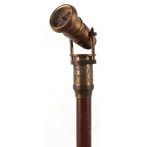 1425 - Hardwood walking stick with two draw brass telescope and compass handle, 98cm in length