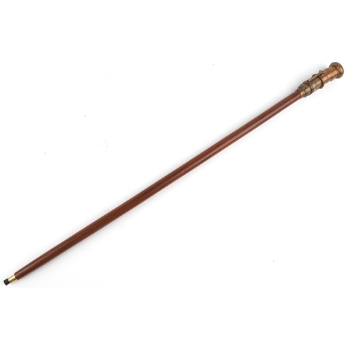 1425 - Hardwood walking stick with two draw brass telescope and compass handle, 98cm in length