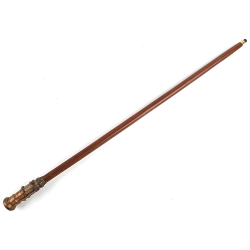 1425 - Hardwood walking stick with two draw brass telescope and compass handle, 98cm in length