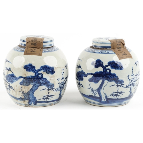 332 - Pair of late 20th century Chinese blue and white porcelain jars and covers (sealed lids), 21cm high