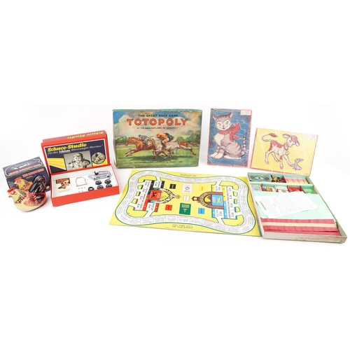 2022 - Totopoly The Great Race Game, tinplate battery operated model of a hen, two Chad Valley jigsaw puzzl... 