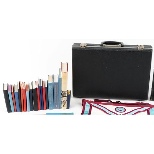 2427 - Collection of masonic memorabilia to include a Widmord Lodge silver enamelled badge and two aprons, ... 