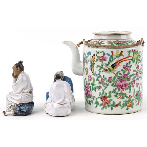 1408 - Chinese famille rose porcelain teapot, 20th century, decorated with birds and insects amongst flower... 