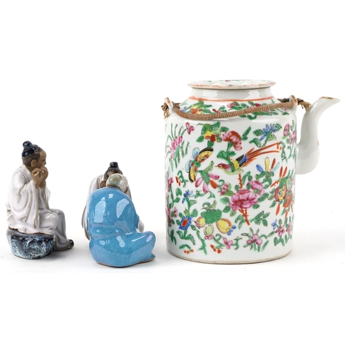 1408 - Chinese famille rose porcelain teapot, 20th century, decorated with birds and insects amongst flower... 