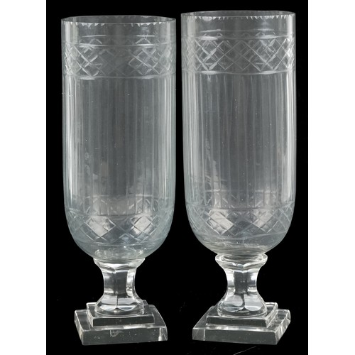 1175 - Pair of Regency style etched glass celery vases, 33.5cm high