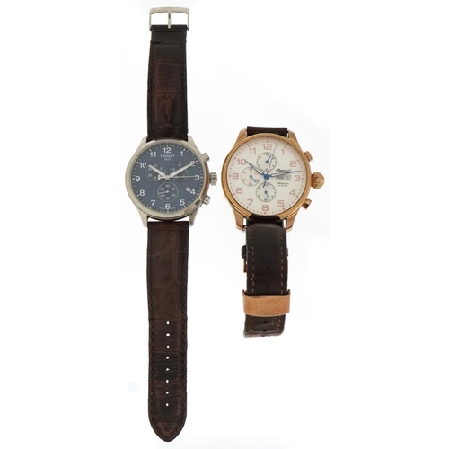 3372 - Tissot 1853 chronograph wristwatch with leather strap, the dial 4.5cm, worn strap, with box together... 