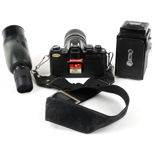 1492 - Yashica FR I 35mm film camera together with a Tamron SP BBAR MC teleconverter 2X lens, the Halina An... 